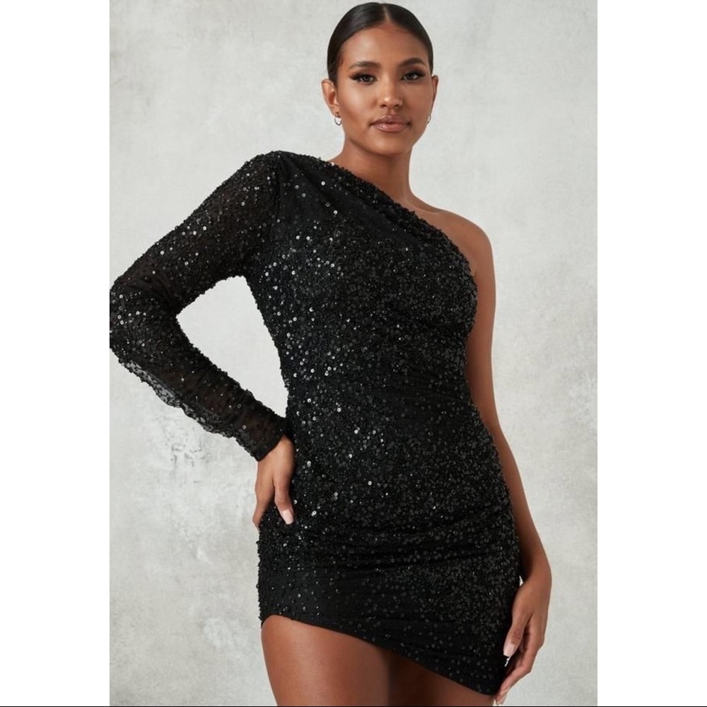 Black Embellished Asymmetric Hem Mini Dress